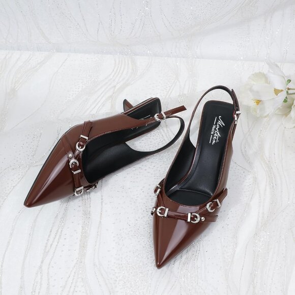 Women's Dark Brown Pointed Toe Pumps Patent Leather Slingback Heels With Buckle - Picture 6 of 9